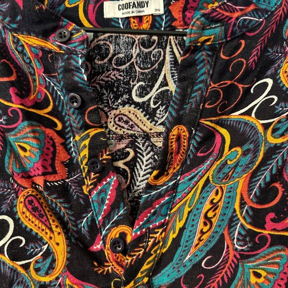 Coofandy | 3XL Colorful Multicolor Paisley Long Sleeve Top Cotton Hemp Roll Tab - Picture 3 of 9